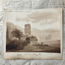 Rare Dessin XIXe Lavis Sépia