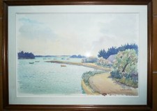 GRANDE AQUARELLE BORDS DU GOLFE DU MORBIHAN PAR ANDRE SALOMON BOISECQ