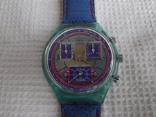 Montre Swatch, chrono, quartz, vintage 1993, vert et bleu.