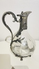 Superbe Carafe Ancienne en Verre Moulé et Monture en Étain Style Art Nouveau