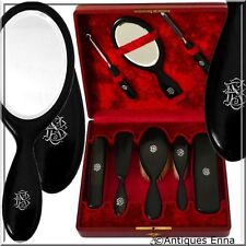 Antique French Sterling Silver & Ebony Travel Vanity Set 8 Pc, Original Case