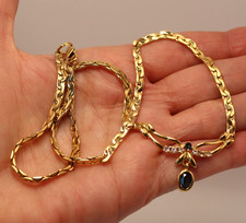 Collier Vintage en Plaqué Or Jaune Maille Haricot et Pierres Bleues L. 43,5cm