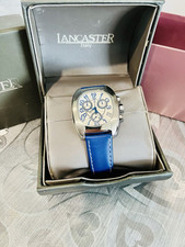 Montre Lancaster Tonneau Chrono Date Bracelet Cuir Bleu Blanc Quartz 40cm