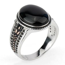 Bague Agate naturelle noir homme argent massif 925 pas cher pierre noire