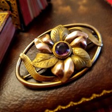 Broche Vintage 40's Plaqué Or Rose &Jaune 47x28mm pierre violette