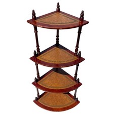 Étagère D’angle Vintage Bois Tourné & Cuir Doré Repoussé, Style Italien