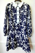 VINTAGE ROBE PURE 70s T38 bleu marine & blanc DRESS SCOOTER KLEID ABITO rétro !!