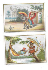 2 anciens chromos publicitaires chasseur d'oiseaux chassé, vie dans les colonies