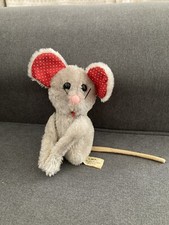 Peluche petite souris grise à scratch oreilles rouges à pois Vintage 18 Cm