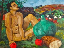 PEINTURE CUBISANTE XXe (VERS 1960/70)-HOMME NU DANS UN CHAMPS-SIGNÉ "BOILEAU"...