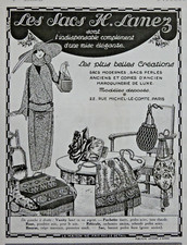 PUBLICITÉ DE PRESSE 1923 H.LANEZ SACS A MAINS POCHETTE RÉTICULE CAHEMIRE VANITY