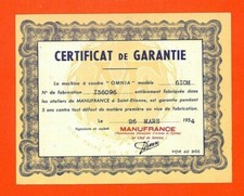SAINT-ETIENNE (42) MANUFRANCE / GARANTIE MACHINE A COUDRE " OMNIA " 1954