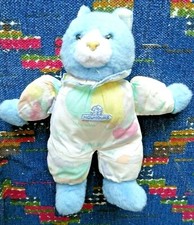 PB/ DOUDOU PELUCHE VINTAGE CHAT NOUNOURS BLANC BLEU TISSU IMPRIME NATURE TTBE