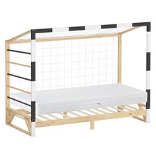 Lit enfant but de foot handball matelas H16cm sommier bois blanc noir 90x200 cm