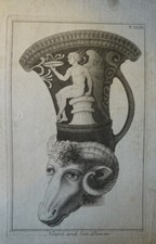 GRAVURE XVIII° ATTRIBUT ORNEMENT VASE BELIER ANTIQUE MYTHOLOGIE HOMME NU gay int