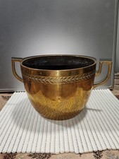 Ancien Cache Pot Cuivre Jaune Laiton Feuilles Art Déco Avec Anse  1930's