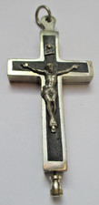 Ancien pendentif Reliquaire grande croix crucifix pectoral couleur argent 4A