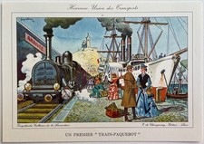 Chemin de fer Le premier train-paquebot Gravure couleur de 1957 par Guy Sabran
