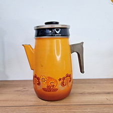 Cafetière Vintage Ancienne Aubecq Orange à Fleurs Seventies 70's