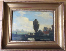 Belle HUILE SUR panneau école de  BARBIZON paysage au pêcheur 1854 signé