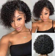 Perruque Naturelle Femme Noir Courte Cheveux Humains Bouclé Dentelle +1 Bonnet