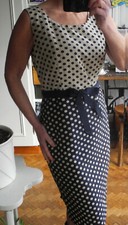 Robe ANTONELLE 40/42 chic pois marine beige, ceinture