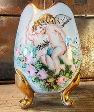 Oeuf Tripode Porcelaine Limoges Decor Putti Fait Main Signé A. Gauthier H 12 Cm