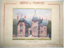 BELLE AQUARELLE D'ARCHITECTE PAVILLON MAISON DE CAMPAGNE À COULOMMIERS 1923