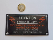Ancienne plaque émaillée Attention Danger de Mort Electricité 12,2 x 6cm vintage