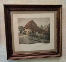 Gravure d' Henri Quittelier "fermette d'Uccle du XVIIe"