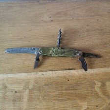 Ancien Couteau Canif Avec Côte En Laiton Décor Avion Et Personnage