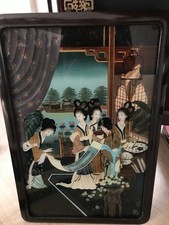 TABLEAU PEINTURE FIXEE SOUS VERRE CHINOIS CHINE ASIATIQUE JAPON EXTREME ORIENT