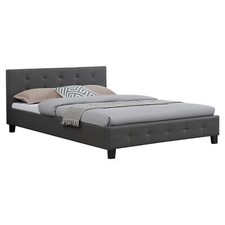 Lit double avec sommier 140x190cm revêtement synthétique capitonné gris