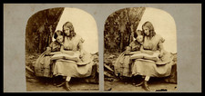 Fillettes lisant un livre, ca.1880, stéréo Tirage vintage stéréo, tirage d