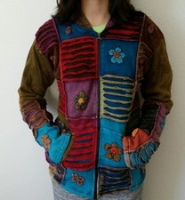 FJ4 COTTON FLEECE JACKET NEPAL : Handmade Ribs Floral Hippie Bohemian Coat M 
