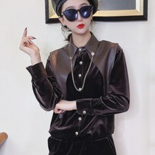 Femme Chemise Peluche PU Cuir