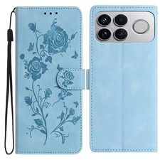 Étui en cuir bleu motif fleur
