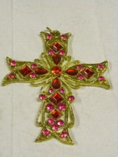 CROIX RELIGIEUSE PIERRES ROSES BIJOUX FANTAISIE VINTAGE CROSS