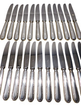 ERCUIS Rare set 24 French Table & Dessert knives Silverplated Ribbon Louis XVI