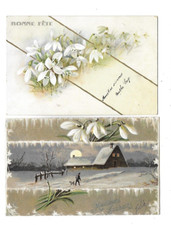 2 belles CPA carte postale ancienne paysages d'hiver fleurs perce-neige 1907