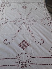 ancienne nappe  blanche en coton brodée ajourée  Richelieu 180cmx146cm