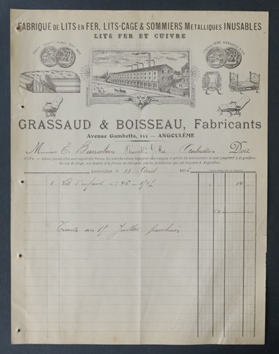Facture 1906 angouleme lit - angouleme,