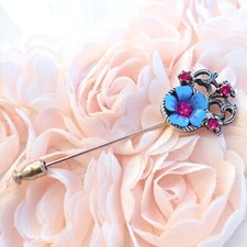 Broche Epingle Fibule Rétro Estampe Ajourée Argent Antique à Fleur Émaillée Bleu