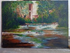 tableau huile signé, rivière
