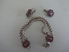 BRACELET DOUBLE GOURMETTE,MAILLE PALMIER,METAL ARGENTé,DECOR AMETHYSTE+STRASSS