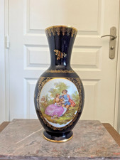 Ancien Grand Vase Limoges Bleu Cobalt Doré Décor Fragonard Rehaussé Main 42cm