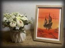 Aquarelle Paysage Mer Bateau Coucher De Soleil Signée