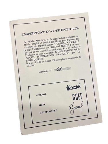 Tintin certificat fétiche - tintin,