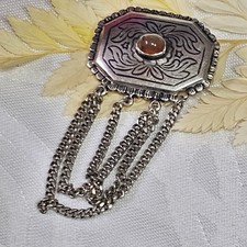 Broche Ancienne Ambre Argent Niellé  Pampilles 32x65mm Poinçons