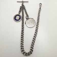 Ancien Argent Sterling Albert Fob Montre Chaîne Médaillon Pièce Émail Shield 66g